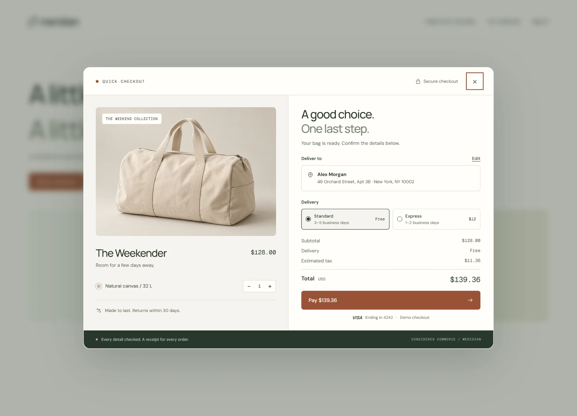 A quick checkout modal as a wide card in Meridian's style: product photo, delivery choice, totals and a Pay button